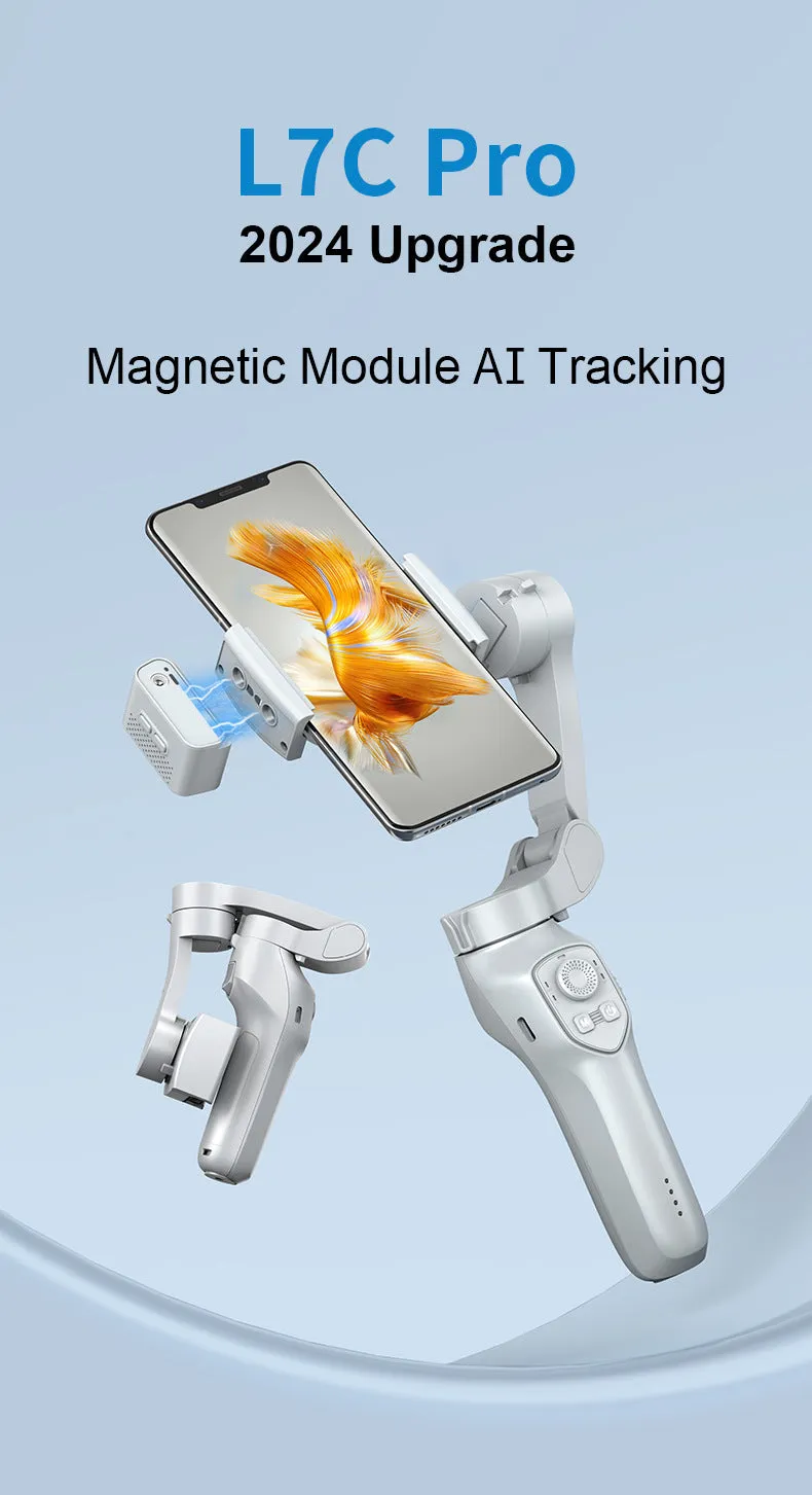 New foldable handheld stabiliser in silver grey for mobile phone with Type-C cable and manual