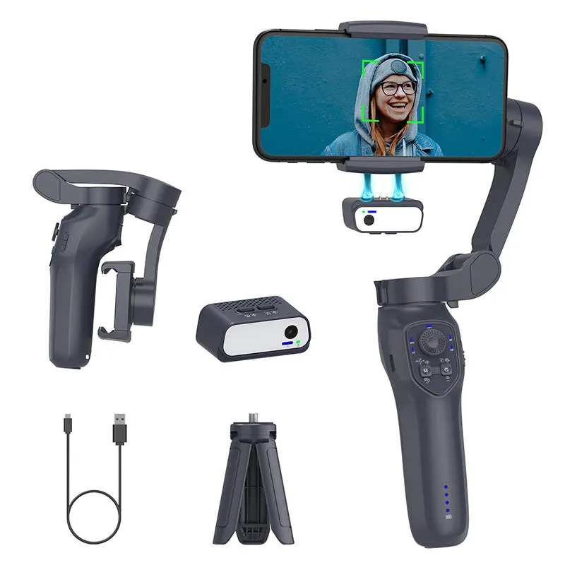 New foldable handheld stabiliser in silver grey for mobile phone with Type-C cable and manual
