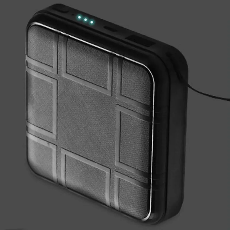 Leather patterned square mini power bank in black with compact 73x123x9mm size and capacity labels