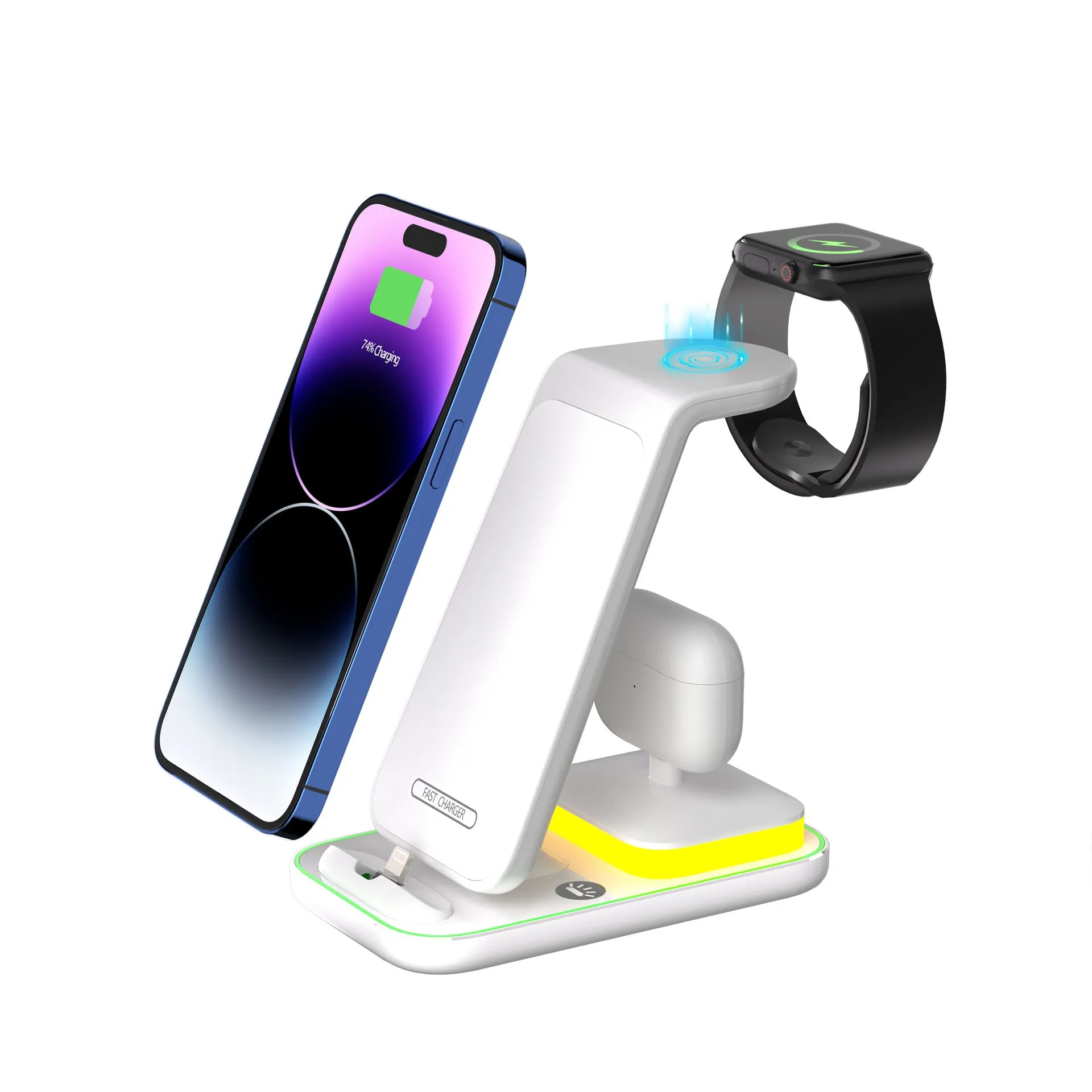 Black vertical wireless charger with mobile phone, smartwatch and headphones charging simultaneously