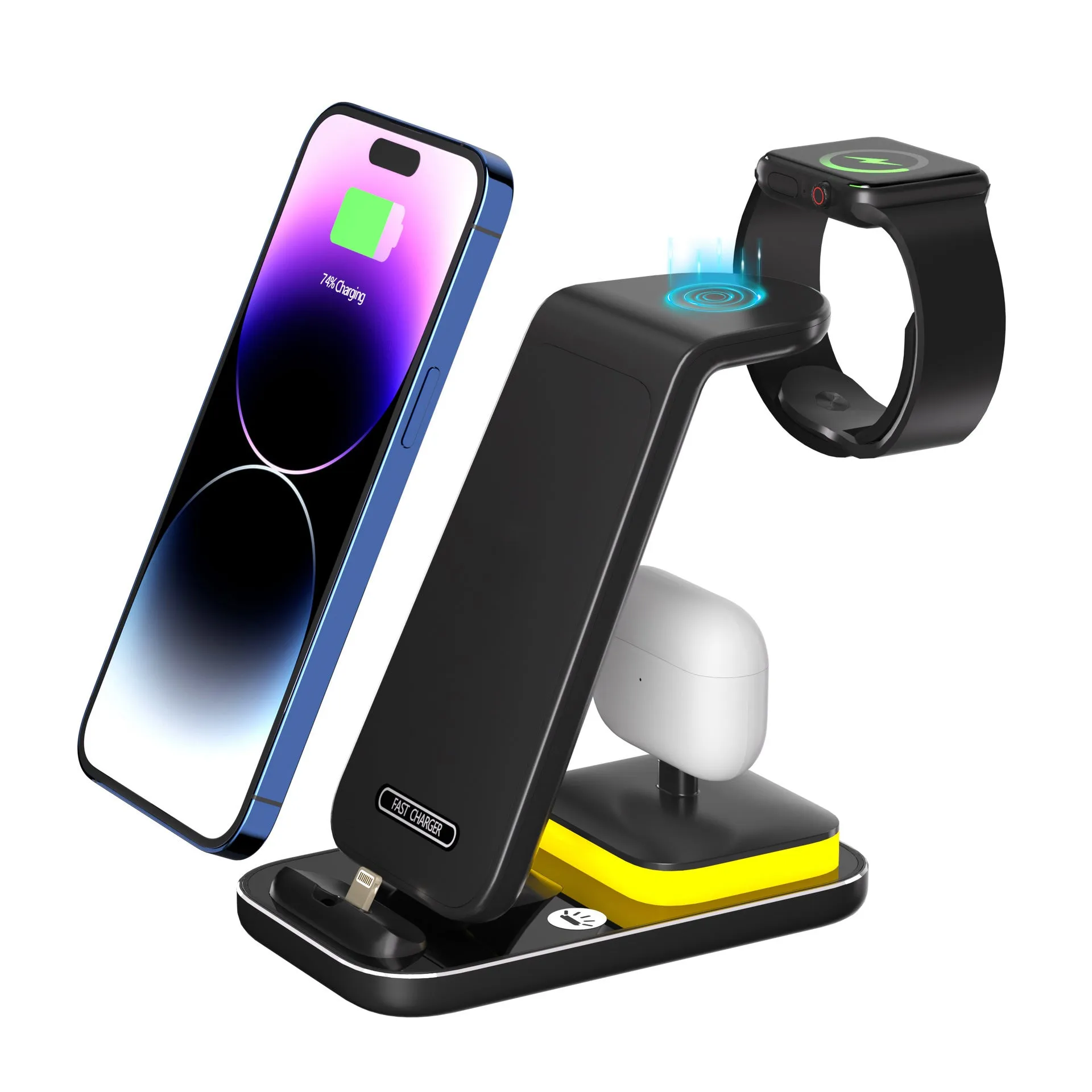 Black vertical wireless charger with mobile phone, smartwatch and headphones charging simultaneously