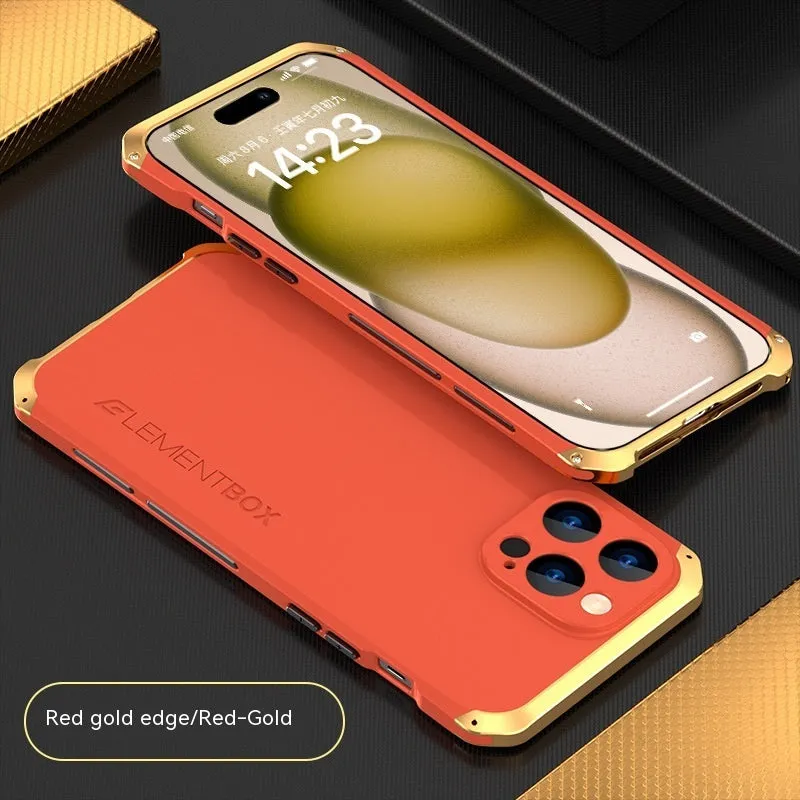 Three-section TPU metal frame protective phone cover for Apple iPhone 15, black and blue colour, frosted finish