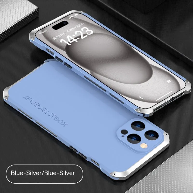 Three-section TPU metal frame protective phone cover for Apple iPhone 15, black and blue colour, frosted finish