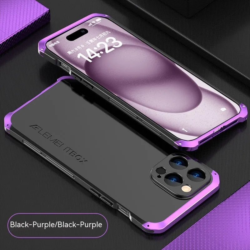 Three-section TPU metal frame protective phone cover for Apple iPhone 15, black and blue colour, frosted finish