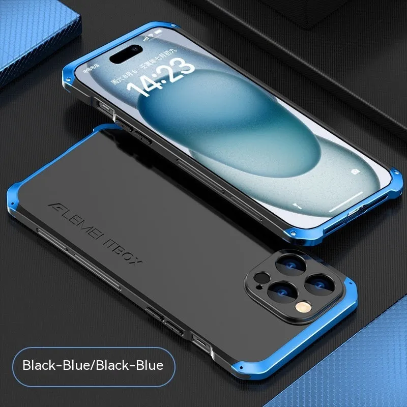Three-section TPU metal frame protective phone cover for Apple iPhone 15, black and blue colour, frosted finish