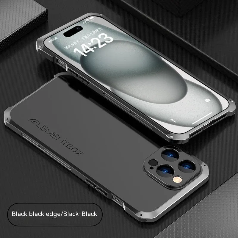 Three-section TPU metal frame protective phone cover for Apple iPhone 15, black and blue colour, frosted finish