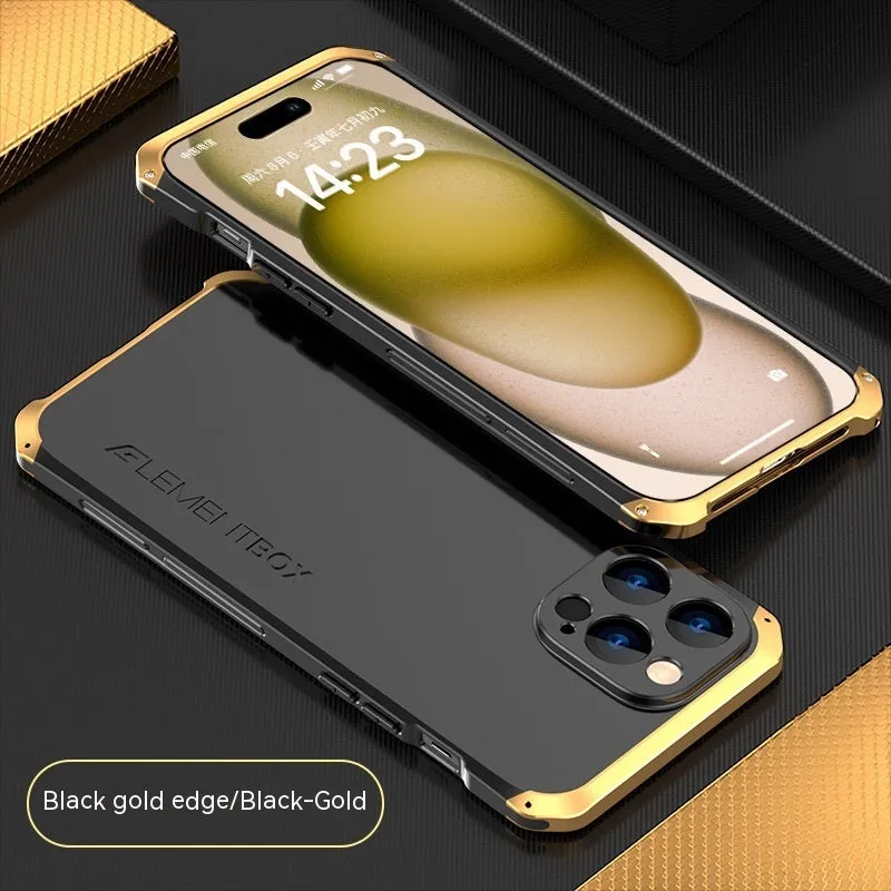 Three-section TPU metal frame protective phone cover for Apple iPhone 15, black and blue colour, frosted finish