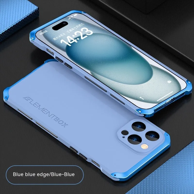 Three-section TPU metal frame protective phone cover for Apple iPhone 15, black and blue colour, frosted finish