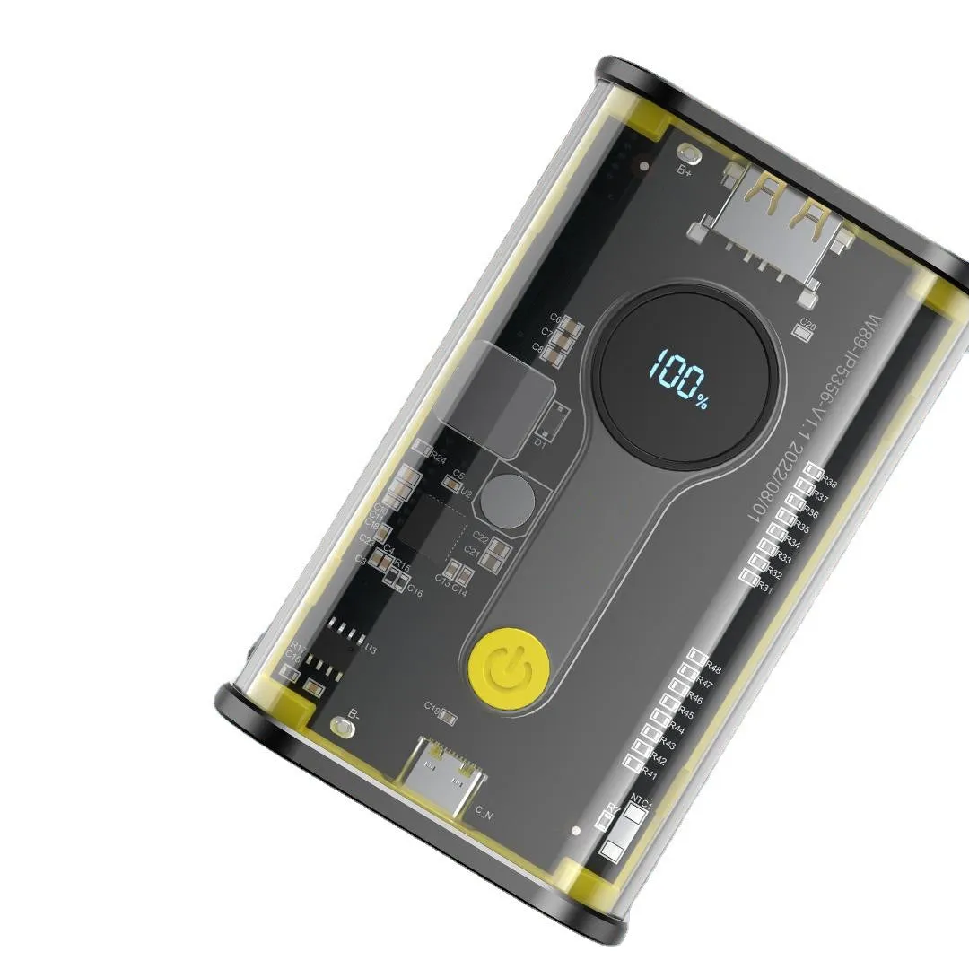 Transparent yellow power bank showing internal aluminium casing with 10000mAh capacity label
