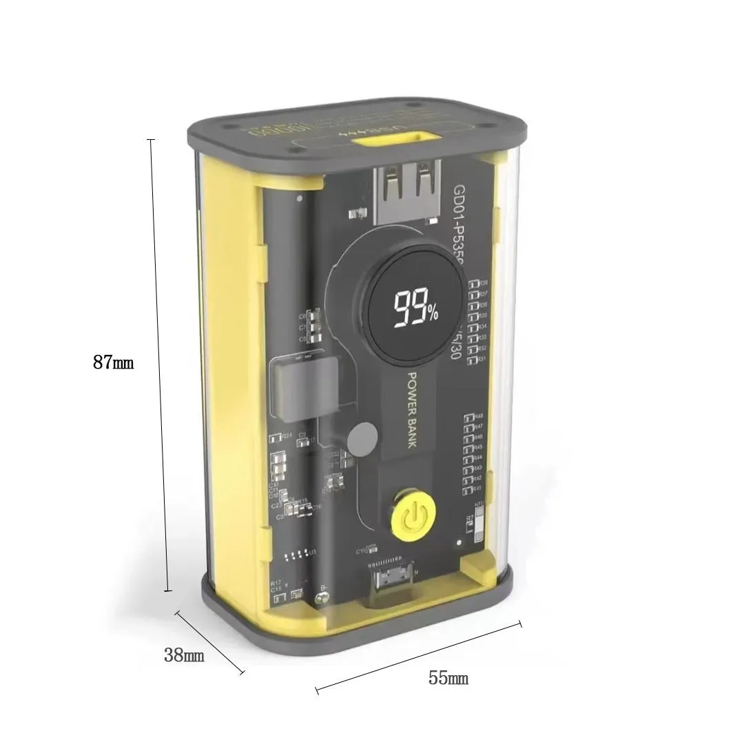 Transparent yellow power bank showing internal aluminium casing with 10000mAh capacity label