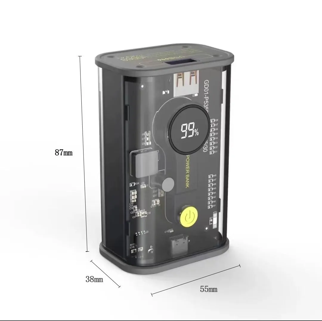 Transparent yellow power bank showing internal aluminium casing with 10000mAh capacity label