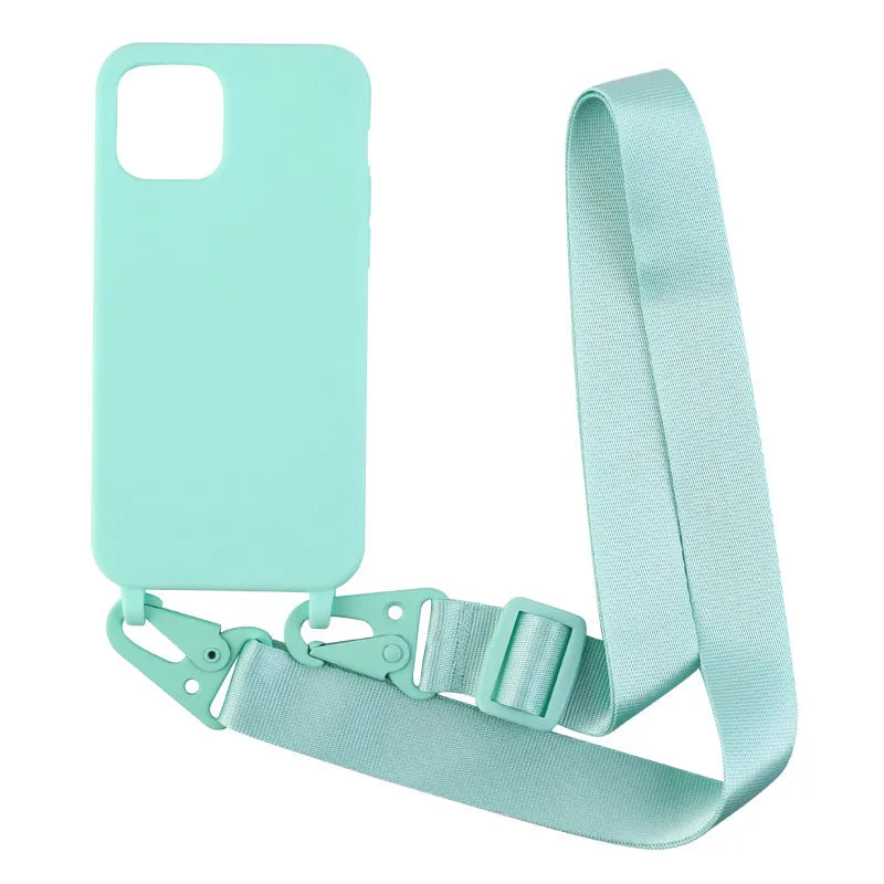Black TPU buckle ribbon lanyard phone case protective sleeve with lanyard and opening for camera.