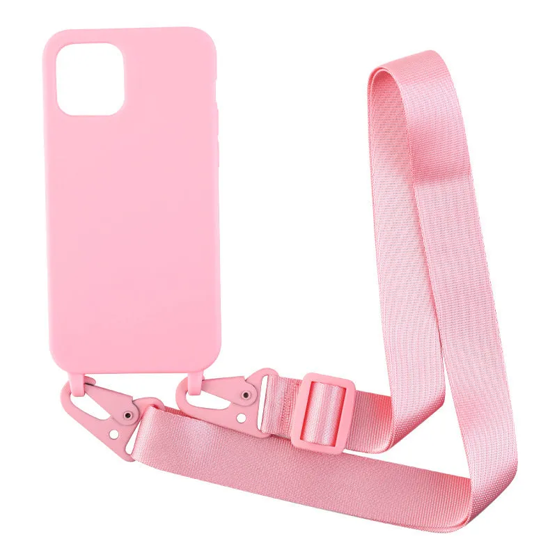 Black TPU buckle ribbon lanyard phone case protective sleeve with lanyard and opening for camera.