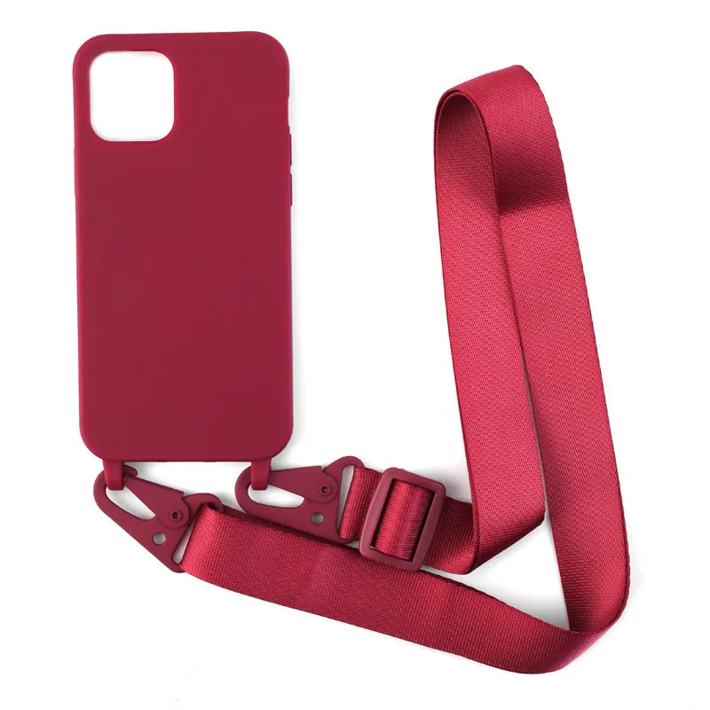 Black TPU buckle ribbon lanyard phone case protective sleeve with lanyard and opening for camera.
