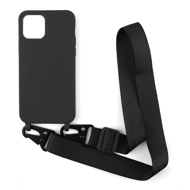 Black TPU buckle ribbon lanyard phone case protective sleeve with lanyard and opening for camera.