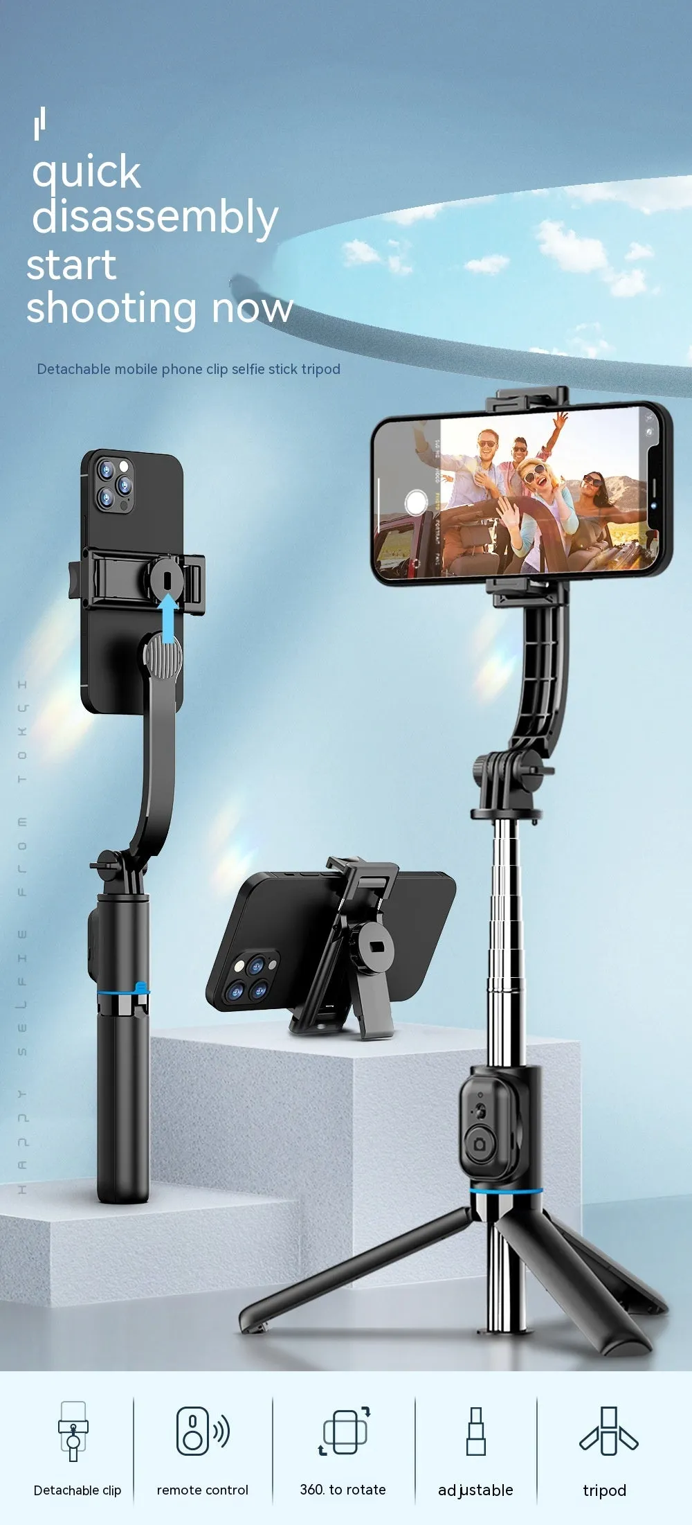 Black detachable desktop stand Bluetooth selfie stick extended to 1060mm with phone in holder