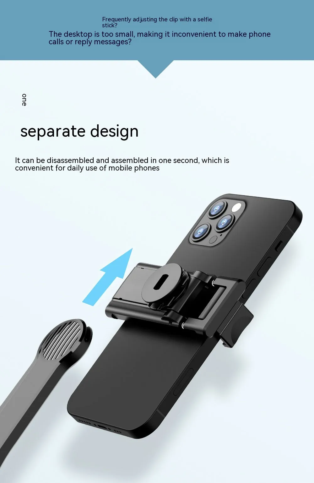 Black detachable desktop stand Bluetooth selfie stick extended to 1060mm with phone in holder