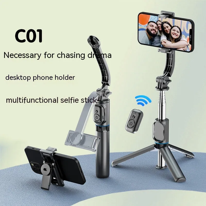 Black detachable desktop stand Bluetooth selfie stick extended to 1060mm with phone in holder