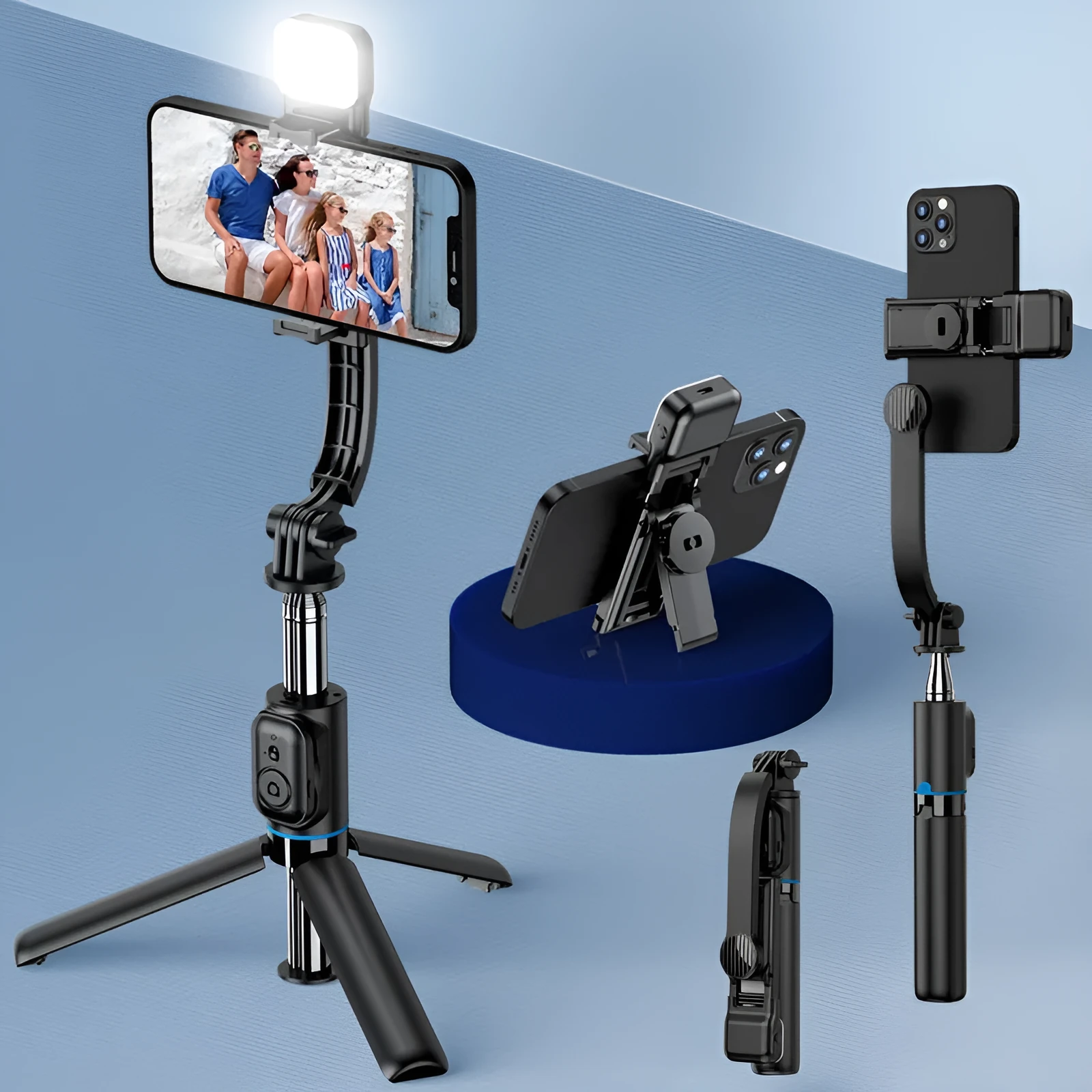 Black detachable desktop stand Bluetooth selfie stick extended to 1060mm with phone in holder