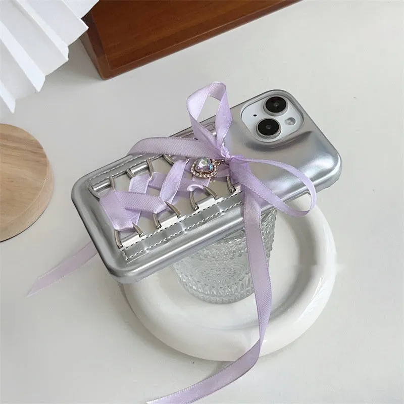 Electroplated silver PC phone case with shoelace bow for iPhone 15, blue colour