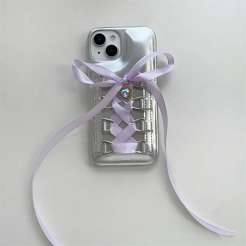 Electroplated silver PC phone case with shoelace bow for iPhone 15, blue colour