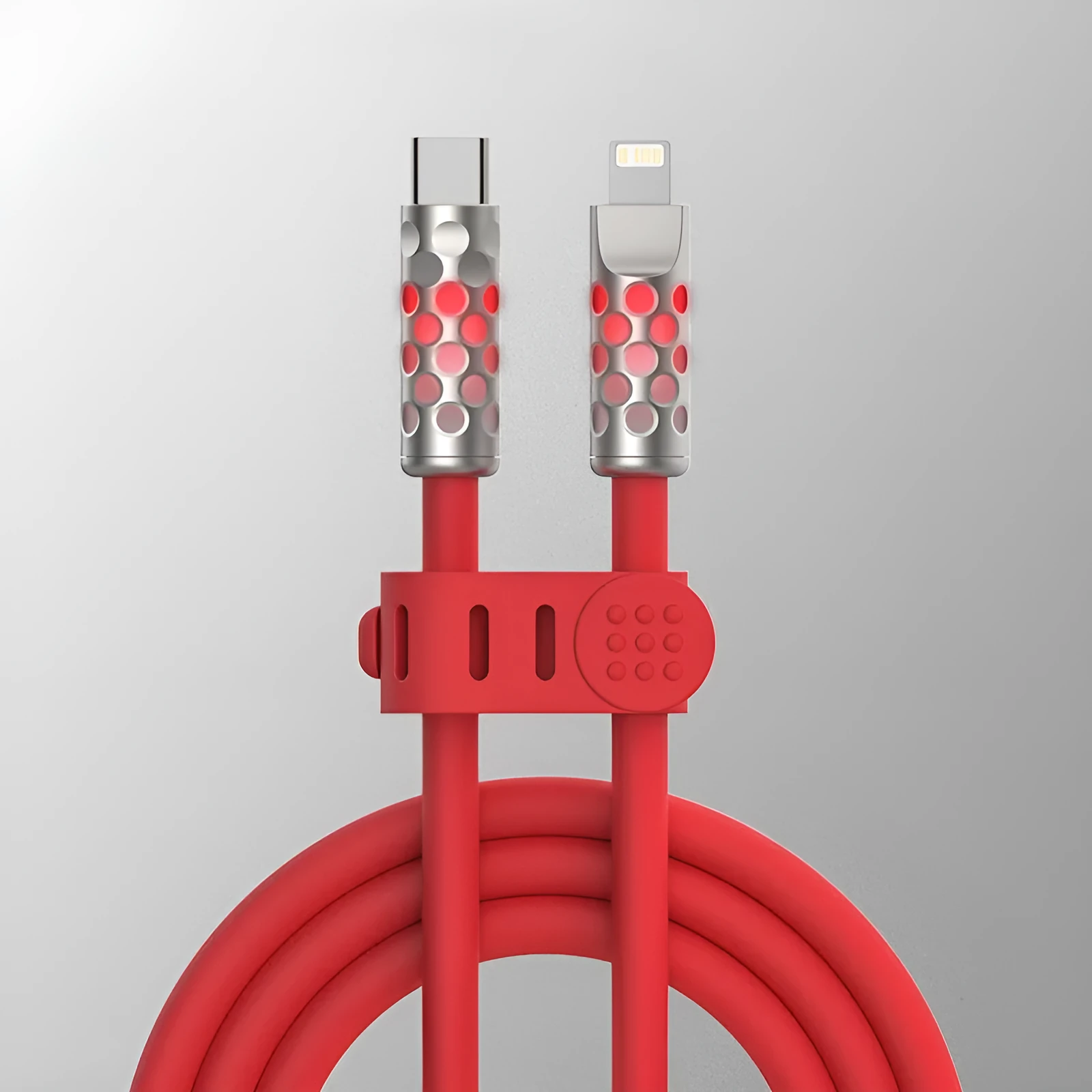 Full Power Fast Charging Liquid Silicone Luminescent Data Cable in silver gray with LED indicator, 1.5 metre length