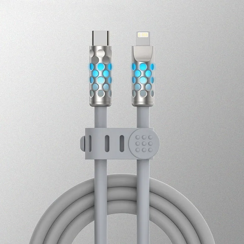 Full Power Fast Charging Liquid Silicone Luminescent Data Cable in silver gray with LED indicator, 1.5 metre length
