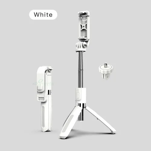 Black Bluetooth selfie stick extended to full length with phone attached, next to its wireless remote and tripod base.