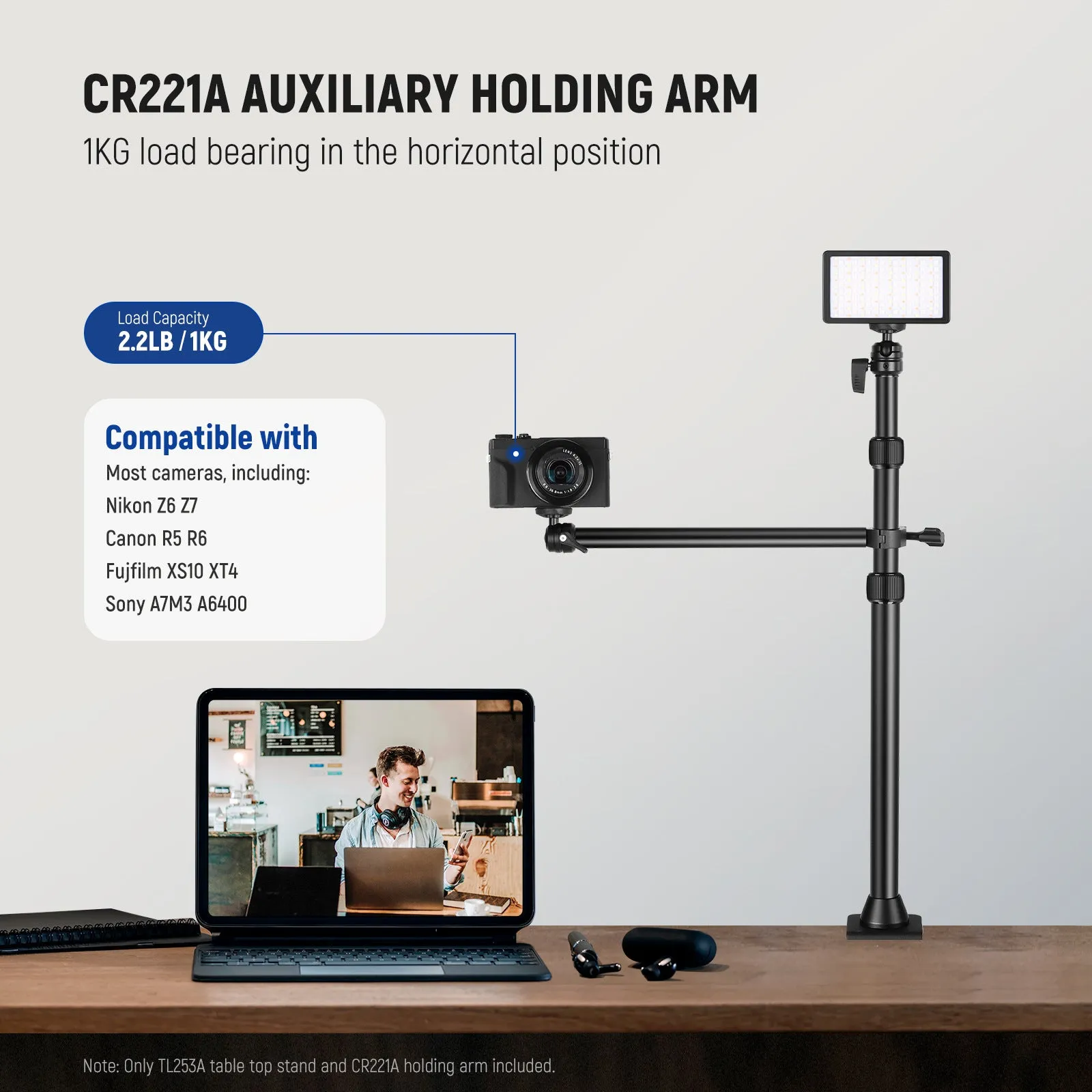 Portable metal desktop photography stand with adjustable cross arm and metal cellphone holder