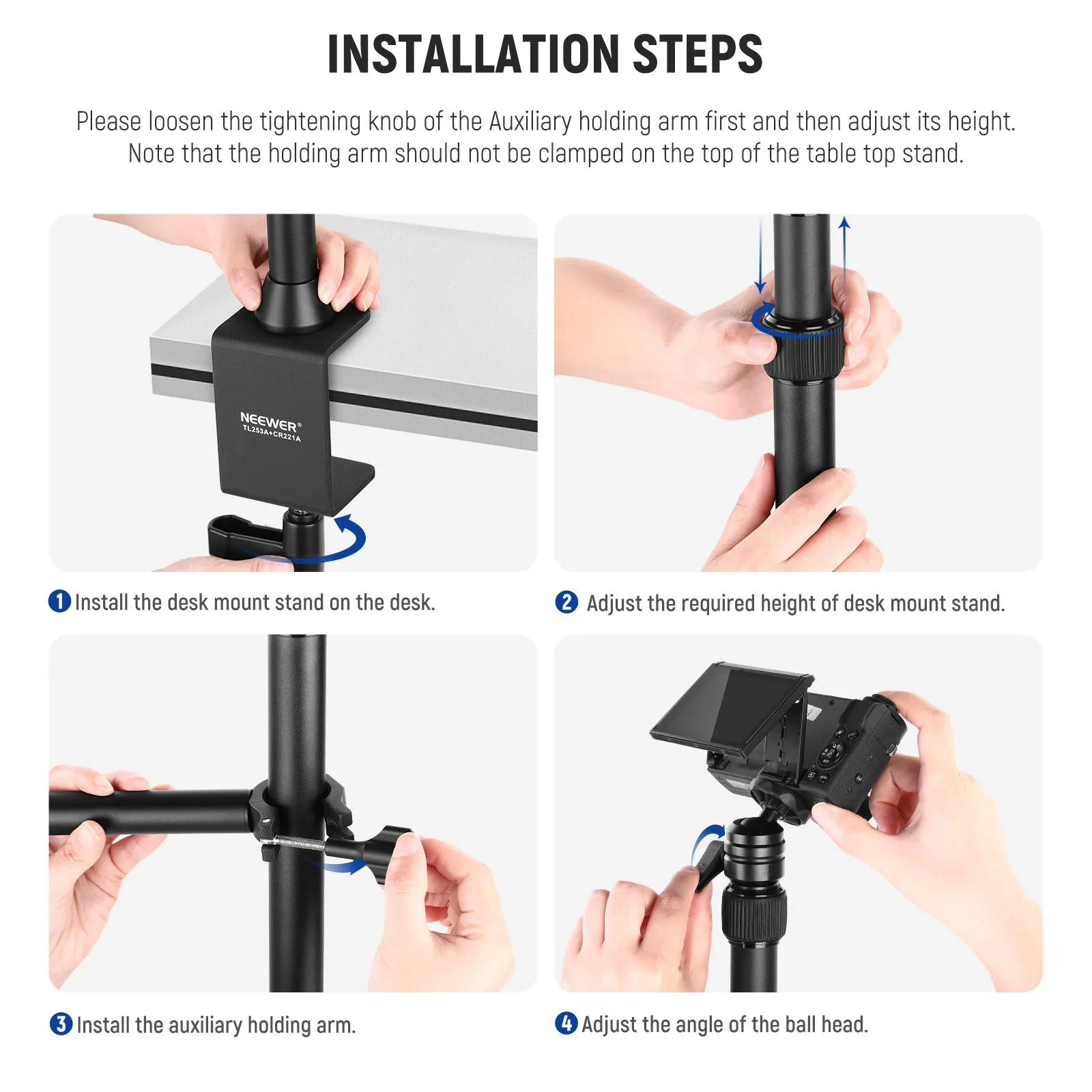 Portable metal desktop photography stand with adjustable cross arm and metal cellphone holder