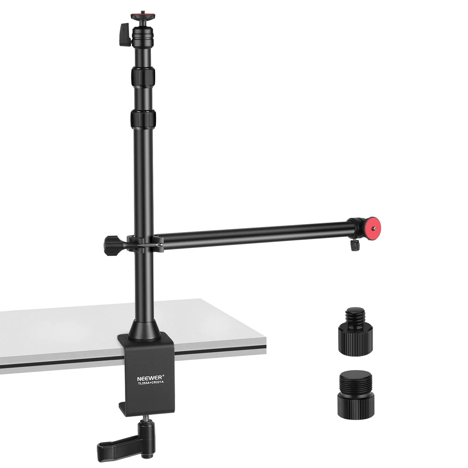 Portable metal desktop photography stand with adjustable cross arm and metal cellphone holder