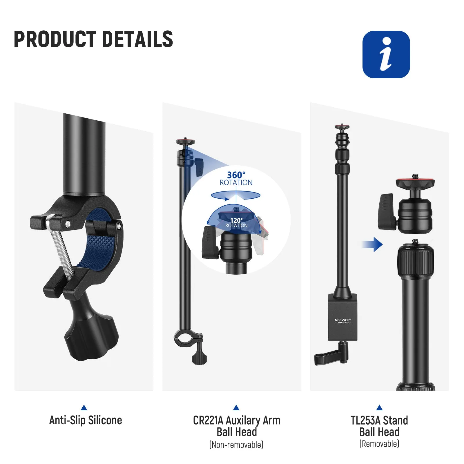 Portable metal desktop photography stand with adjustable cross arm and metal cellphone holder