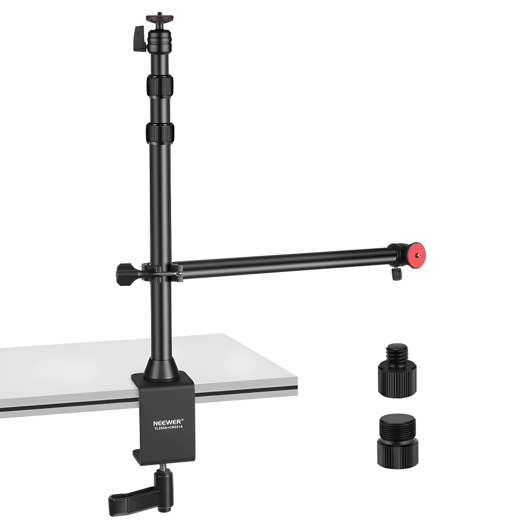 Portable metal desktop photography stand with adjustable cross arm and metal cellphone holder