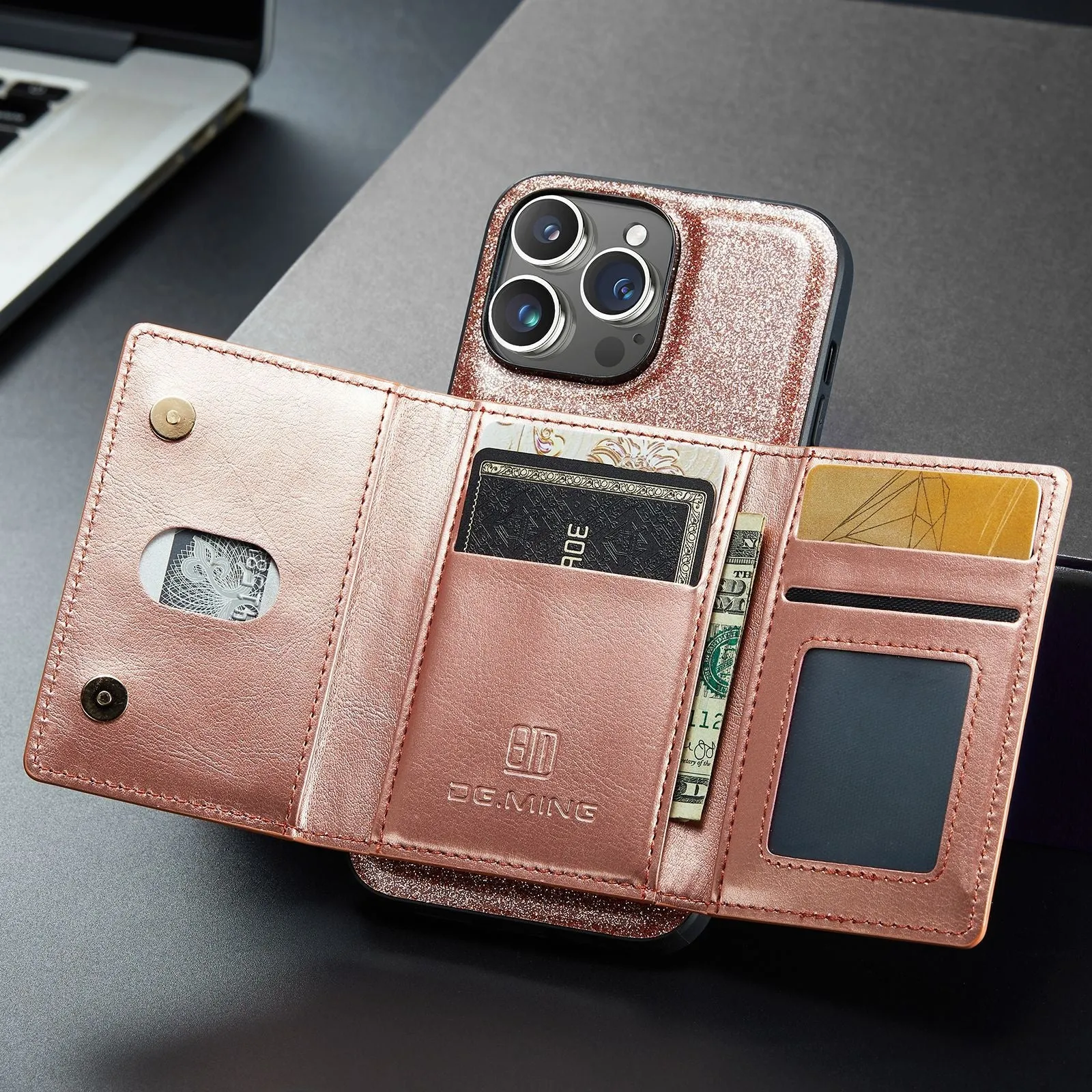 Lambskin leather magnetic card holder phone case for iPhone with bracket and card slot, cool black colour