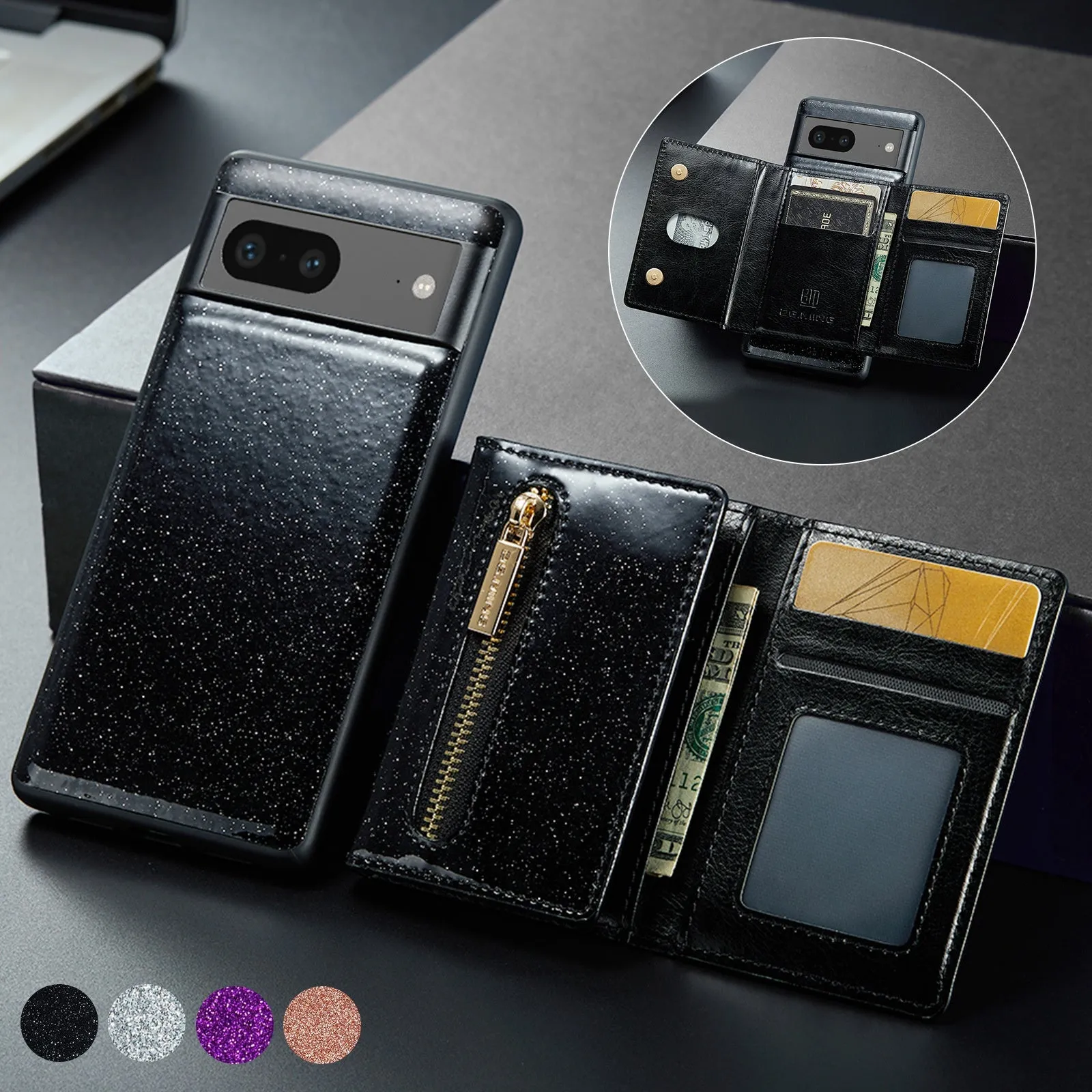 Lambskin leather magnetic card holder phone case for iPhone with bracket and card slot, cool black colour