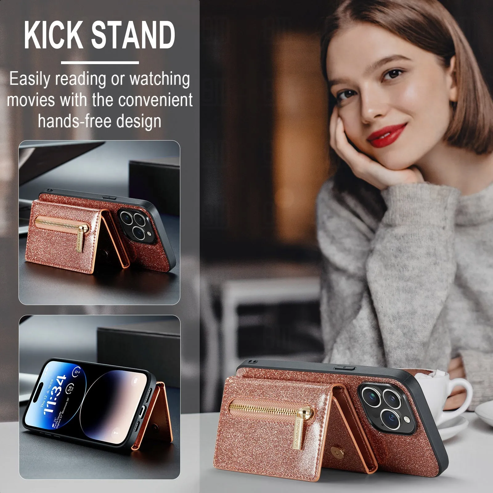 Lambskin leather magnetic card holder phone case for iPhone with bracket and card slot, cool black colour