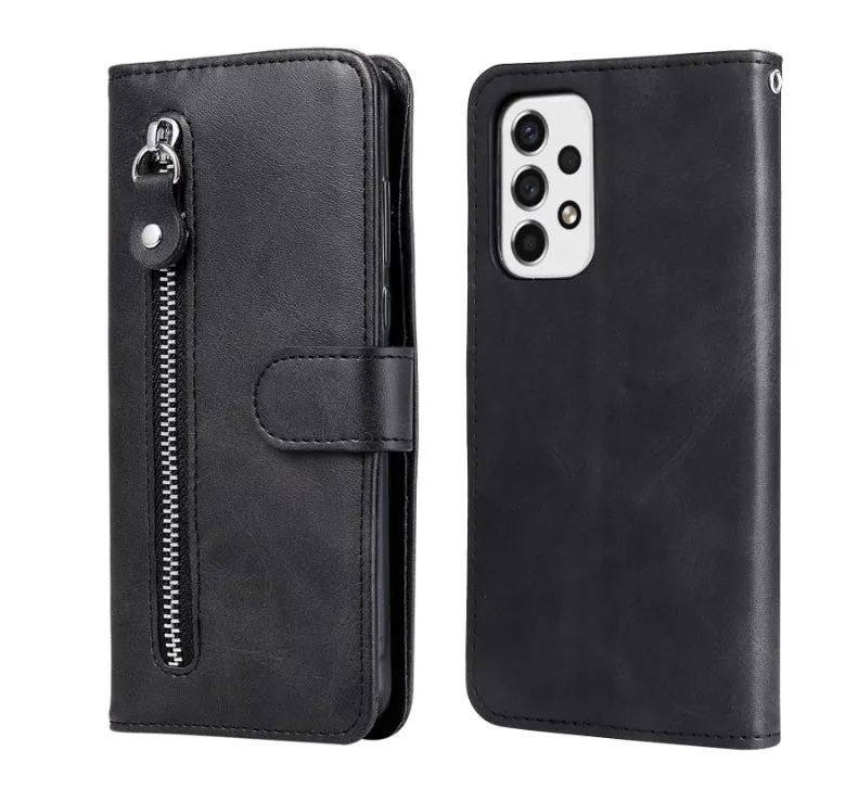 Samsung flip phone case with zipper wallet and card holder in PU leather, black colour, front view