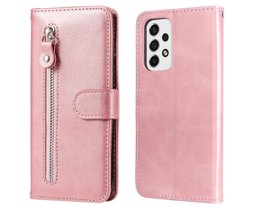 Samsung flip phone case with zipper wallet and card holder in PU leather, black colour, front view