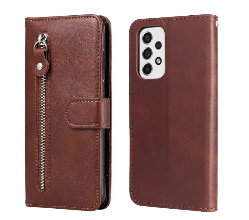 Samsung flip phone case with zipper wallet and card holder in PU leather, black colour, front view