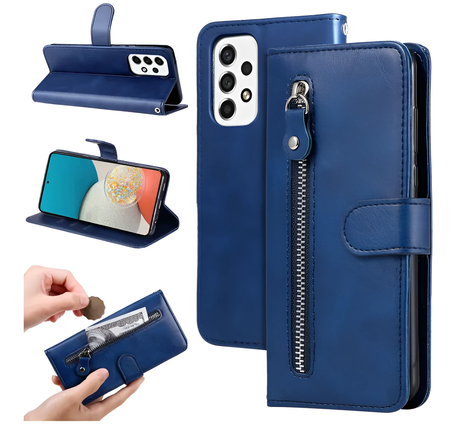 Samsung flip phone case with zipper wallet and card holder in PU leather, black colour, front view