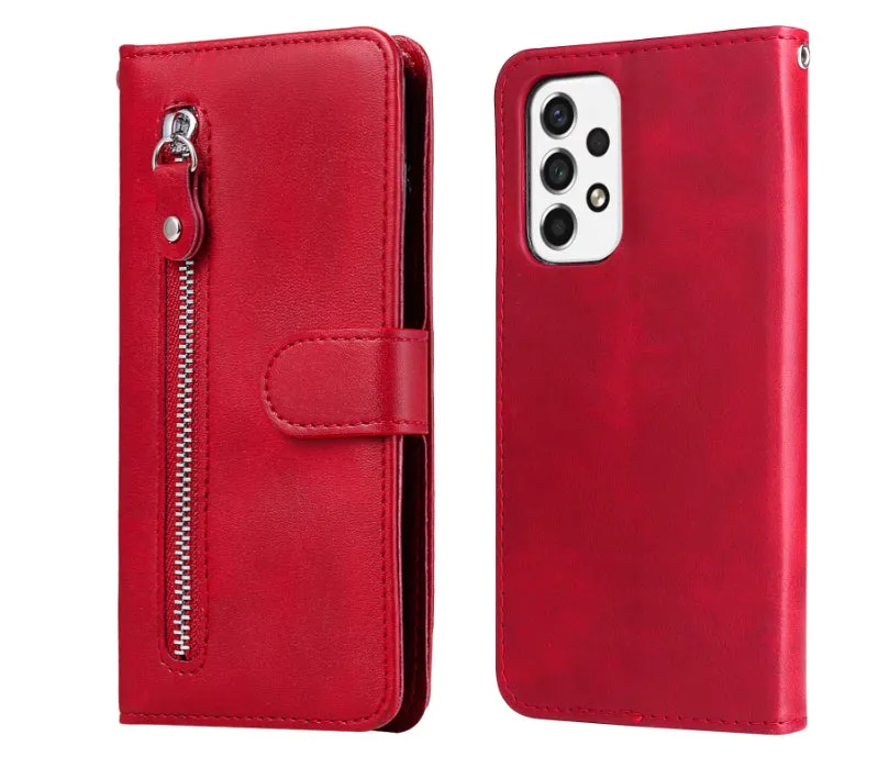 Samsung flip phone case with zipper wallet and card holder in PU leather, black colour, front view