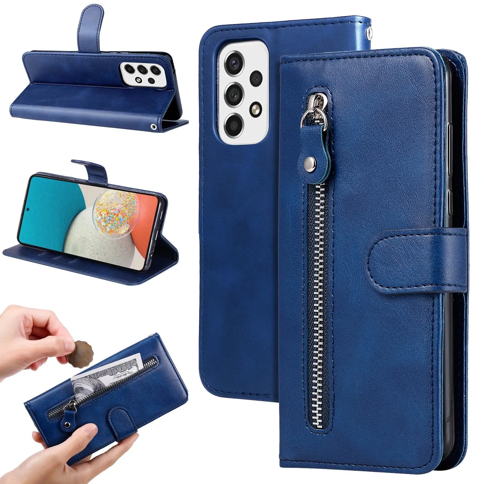 Samsung flip phone case with zipper wallet and card holder in PU leather, black colour, front view