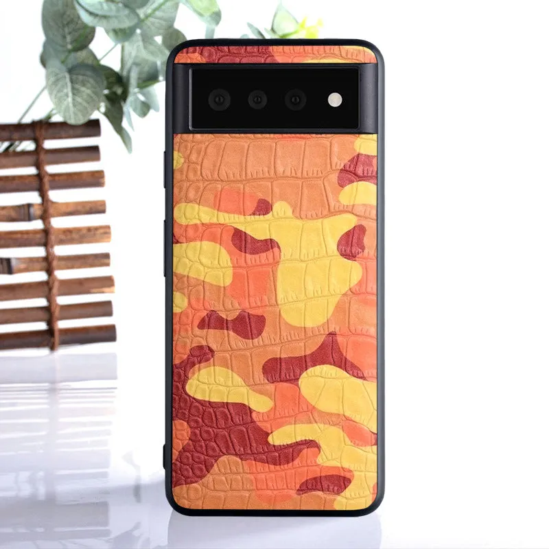 Camouflage PU back cover for Google Pixel phone, available in green, gray, blue, and orange, textured grip case