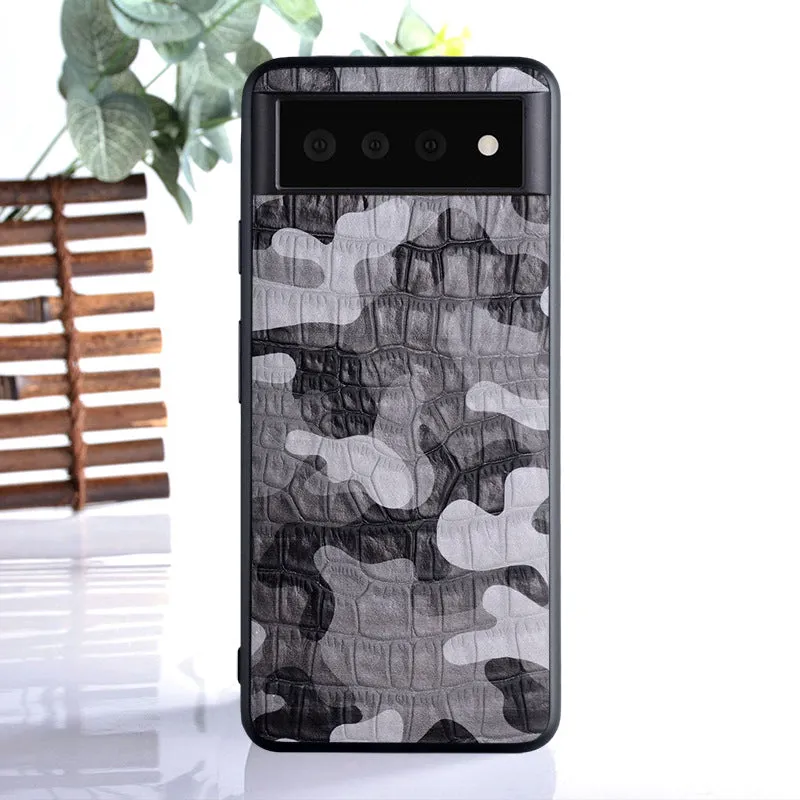 Camouflage PU back cover for Google Pixel phone, available in green, gray, blue, and orange, textured grip case