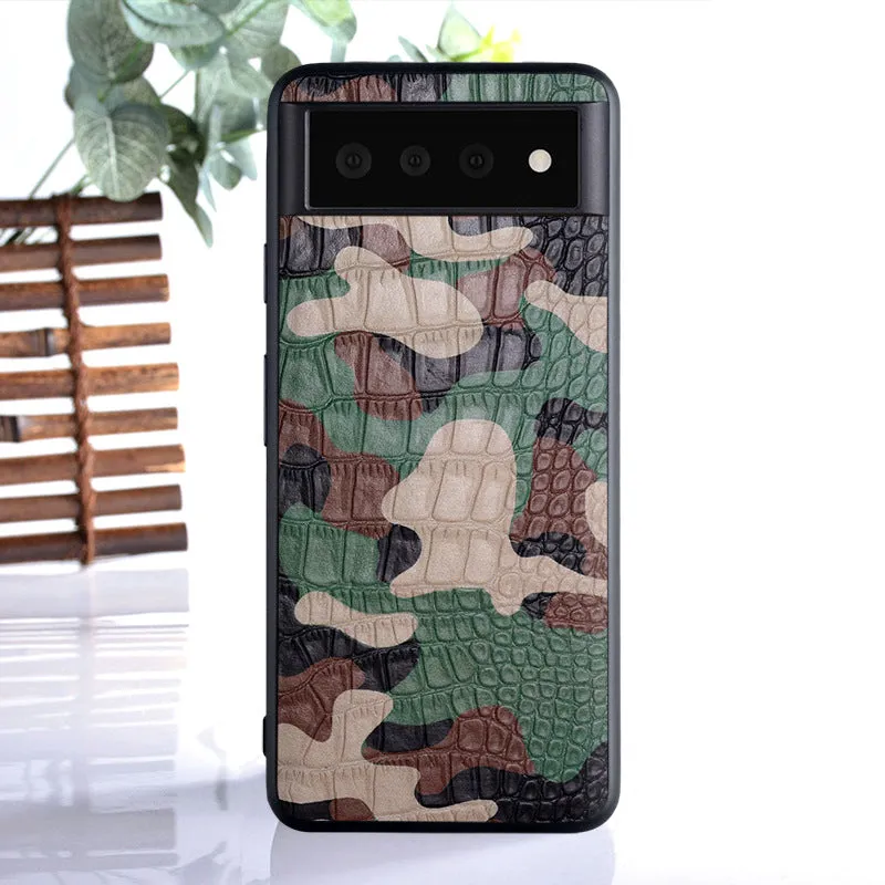 Camouflage PU back cover for Google Pixel phone, available in green, gray, blue, and orange, textured grip case