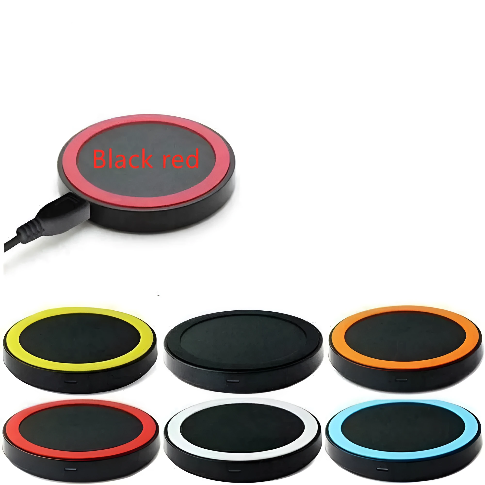 Qi wireless charging base for mobile phones in six colours on a wooden table.