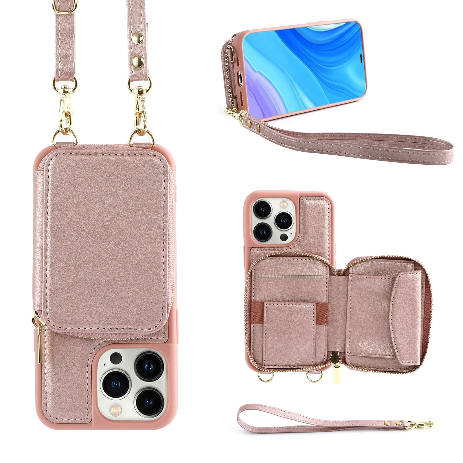 Crossbody wallet phone case for iPhone 14 Pro with black imitation leather, zippered card compartment, and detachable lanyard