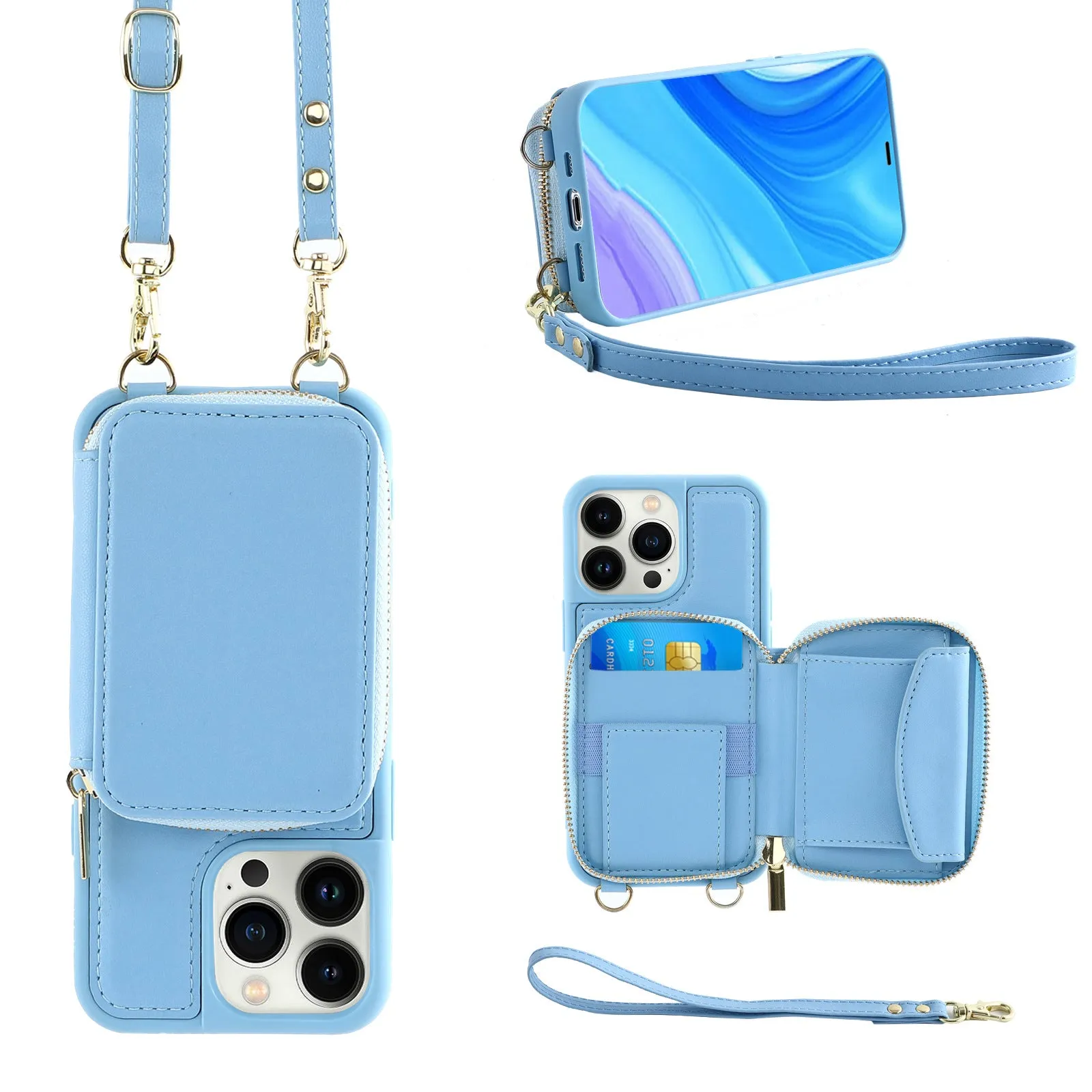 Crossbody wallet phone case for iPhone 14 Pro with black imitation leather, zippered card compartment, and detachable lanyard