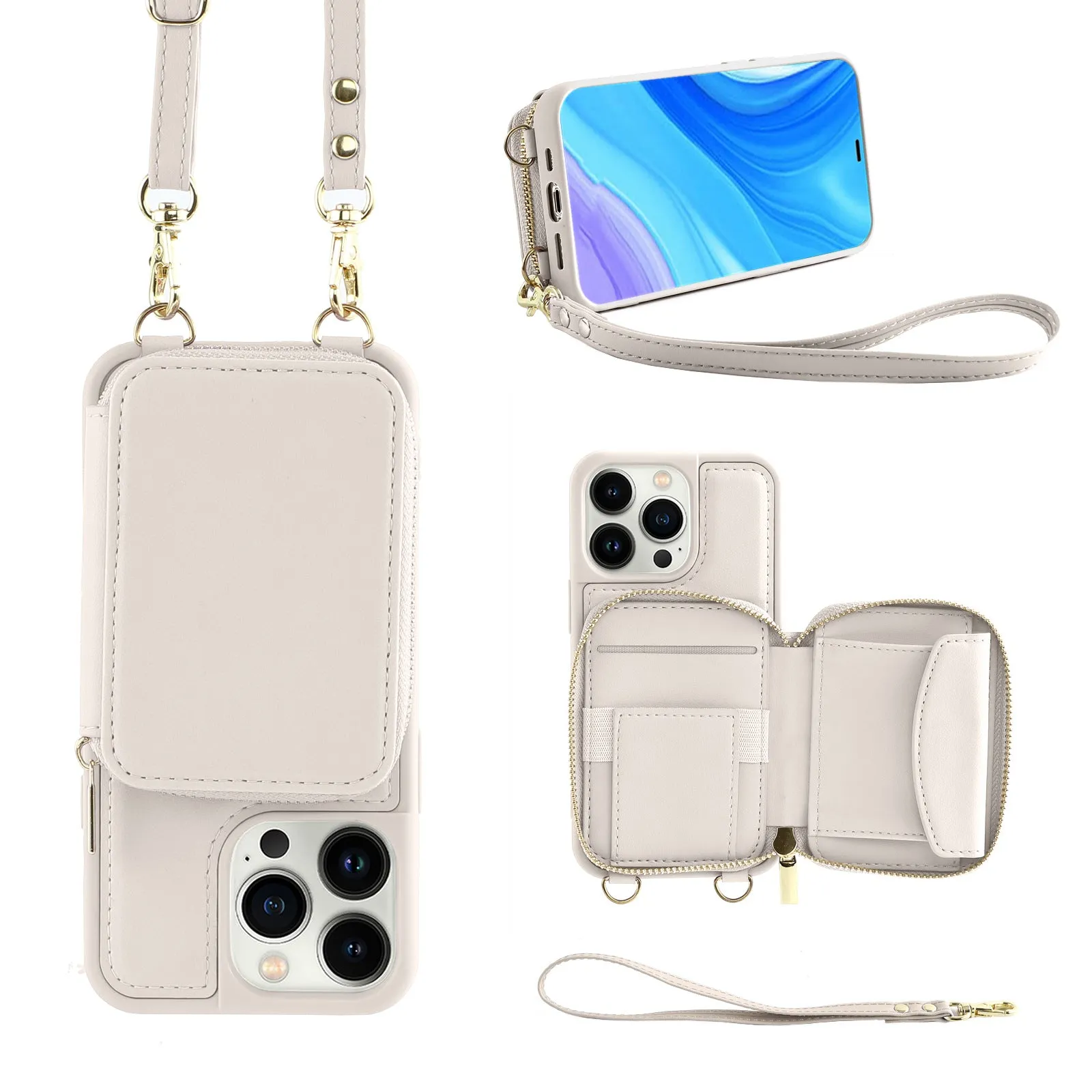 Crossbody wallet phone case for iPhone 14 Pro with black imitation leather, zippered card compartment, and detachable lanyard