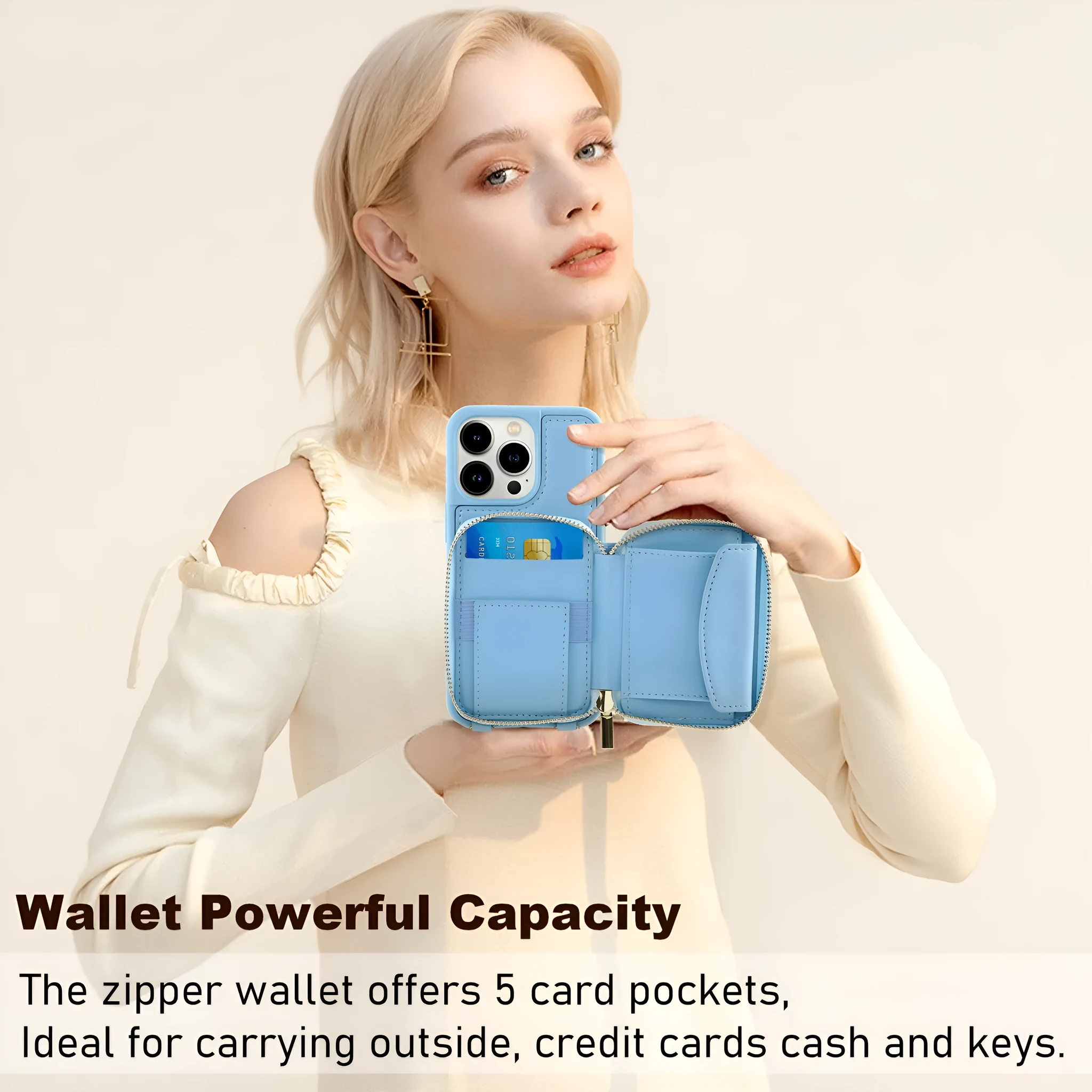 Crossbody wallet phone case for iPhone 14 Pro with black imitation leather, zippered card compartment, and detachable lanyard